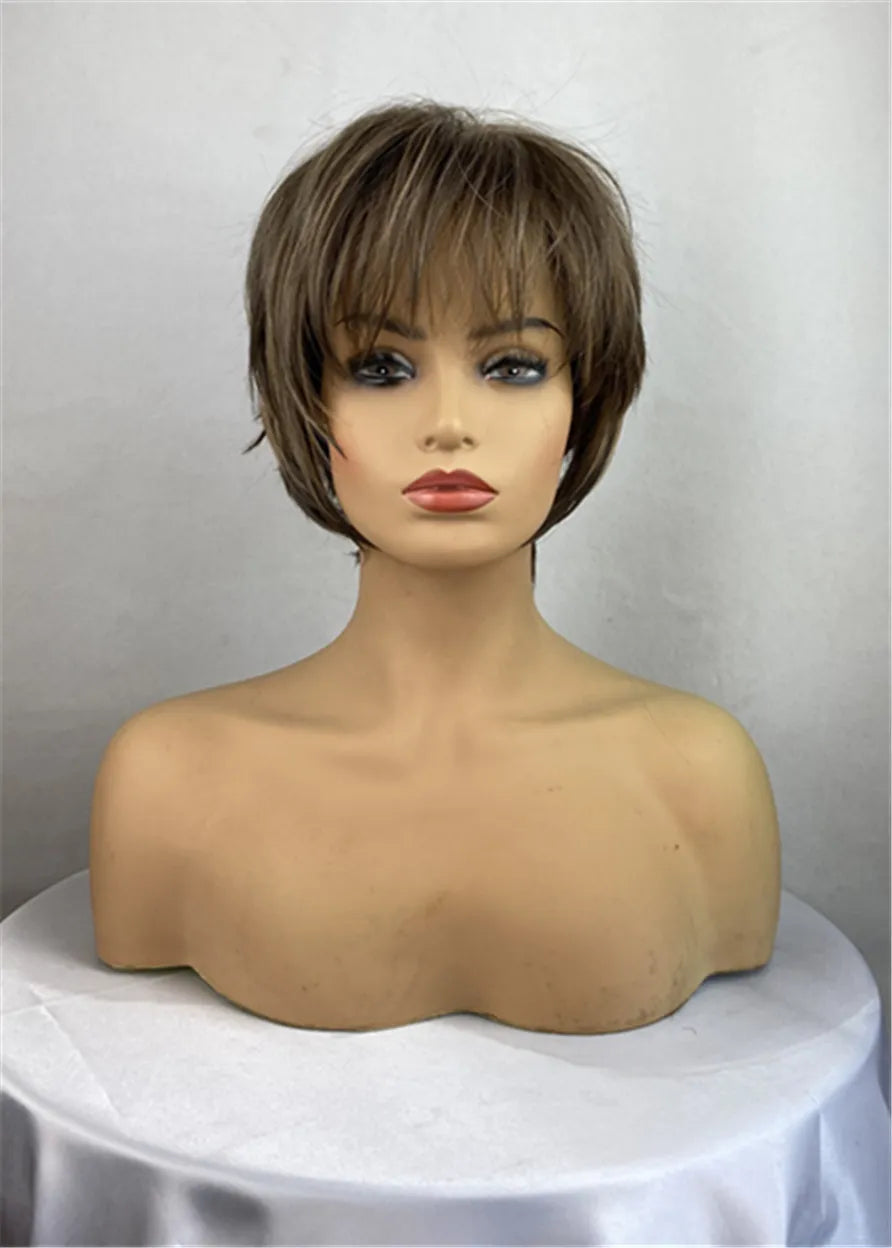 Short Choppy Haircuts Mix Color Wavy Synthetic Hair With Layers Bangs Capless Wigs 12 Inches