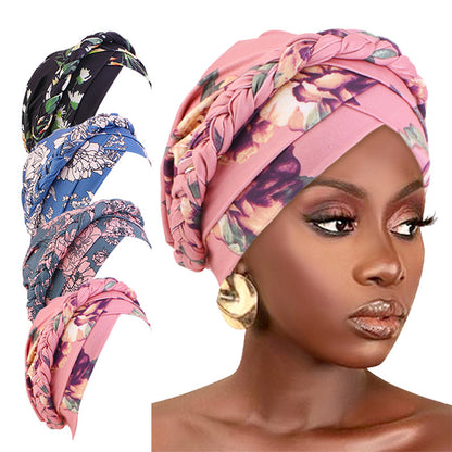 Cross-border New Printed Twist Braid Double Cross Twist Hat Bohemian Style Small Hat Stretch Baotou Hat