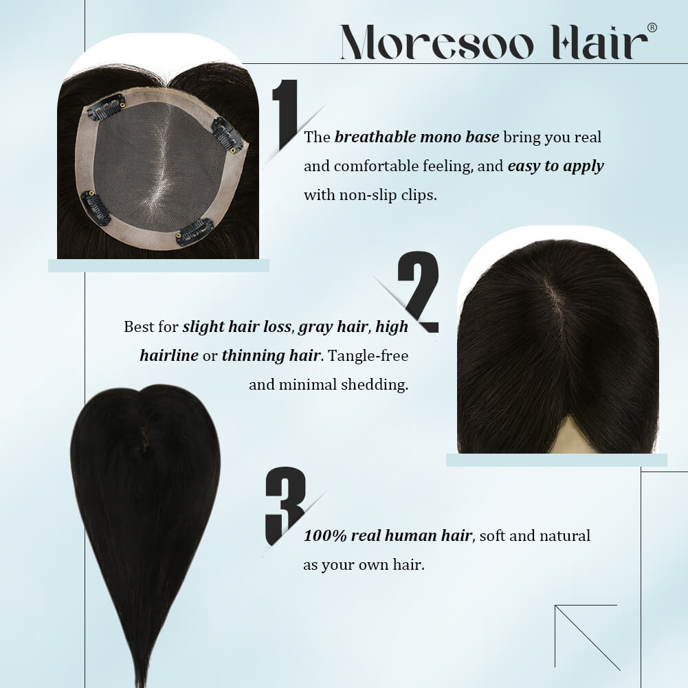 3*5inch Mono Hair Topper Remy Human Hair Natural Black (#1B) Wigs Hair Piece