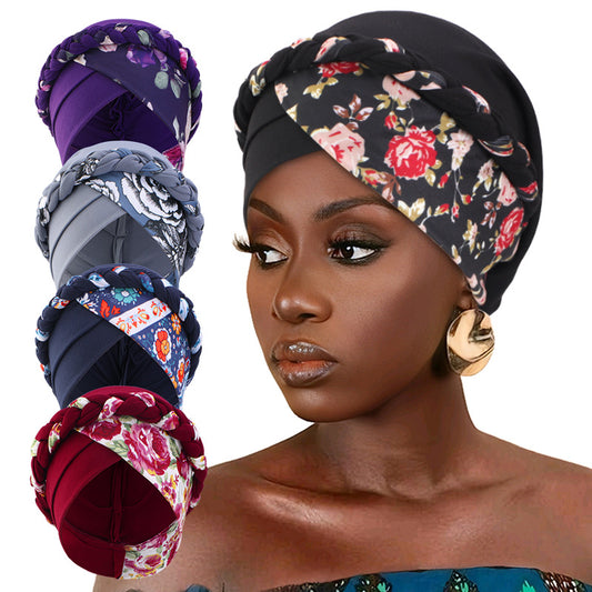 Cross-Border Printed Two-Color Braided Turban Hat Cross-Style Women's Turban Ethnic Turban Jdt-429I