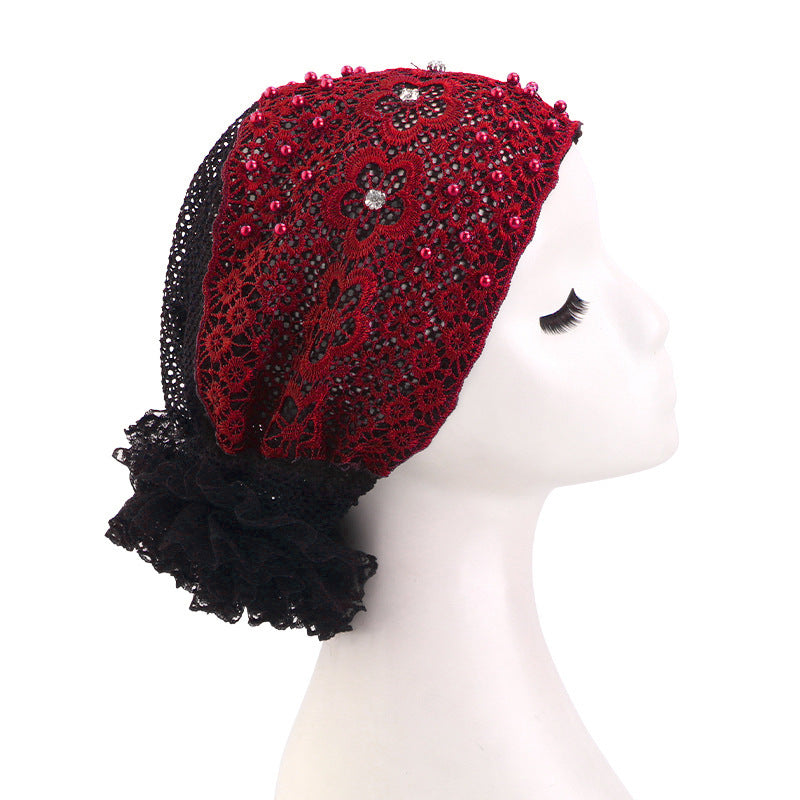 Cross-Border New Breathable Lace Pearl Hat, Floral Turban Hat, Head Wrap Hat, Hair Care Hat Jdt-502