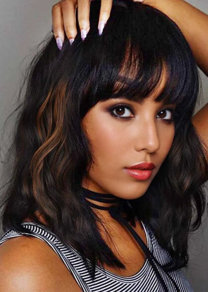 Medium Hairstyles Women's Layered Bob Wavy Human Hair Capless Wigs With Bangs 16Inch