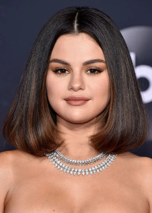Middle Part Selena Gomez Medium Bob Hairstyles Women's Straight Human Hair Lace Front Wigs 16Inch