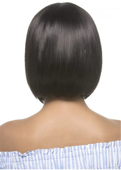 Medium Bob Human Hair Natural Straight Wig With Neat Bangs 10 Inches
