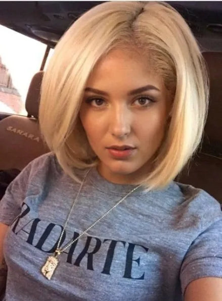 Parrucche corte e lisce con pizzo frontale e laterali, per capelli umani, da 10 pollici