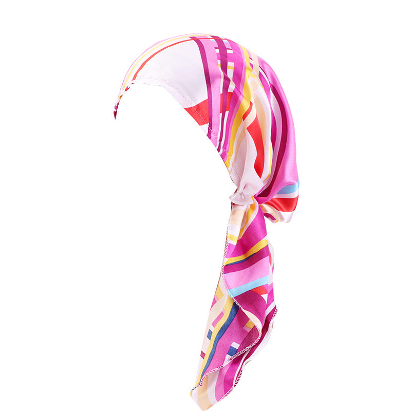 Fashionable Printed Ear-Covering Hat, Satin Turban, Tie-Back Chemotherapy Cap, Hair Protection Cap