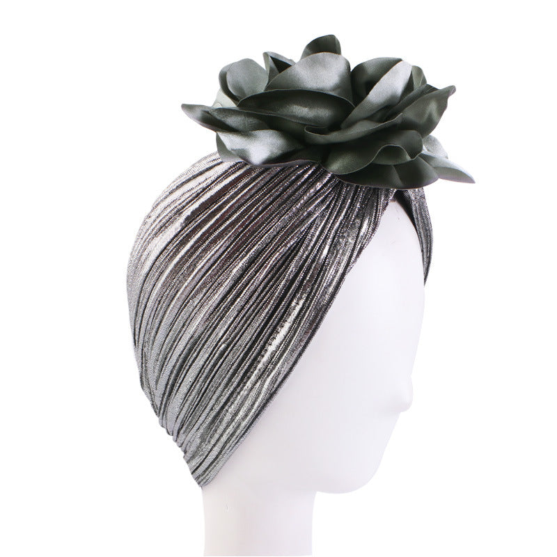 African Style Shiny Silk Pleated Large Flower Headscarf Hat, Ethnic Hat, Hair Loss Hat, Wedding Hat Tjm-79D