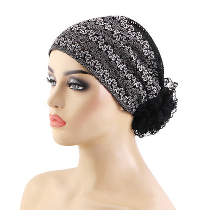 New Cross-Border Breathable Lace Mesh Hat, Ethnic Headscarf with Floral Embellishment, Hair-Protecting Headscarf Hat Jdt-517
