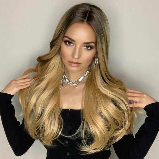 Ombre Hairstyle Long Wavy Synthetic Hair Two Tone Color Women Wigs 26 Inches