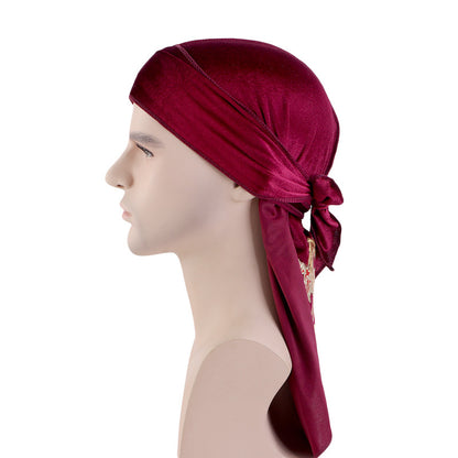 Autumn and Winter thickened gold velvet long tail pirate hat Chinese dragon hot stamping strap hip hop cloak DURAG
