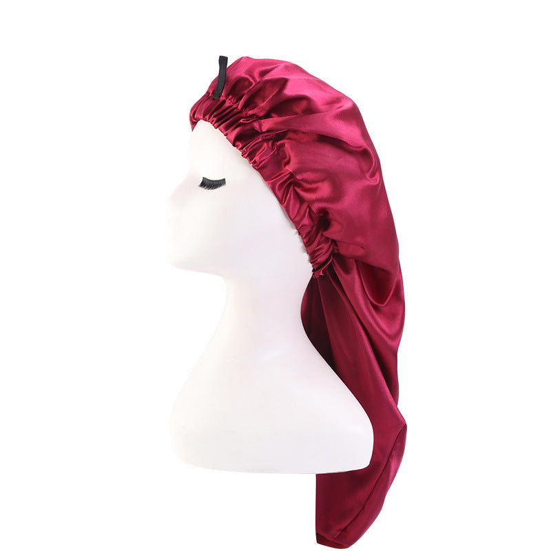Cross-Border special satin nightcap elastic band buckle long tube hair care cap dual-purpose long hair cap shower cap turban hat