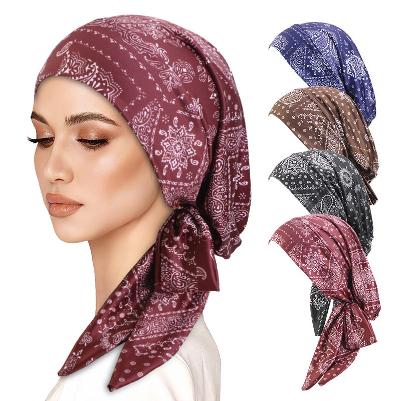New Cross-Border Supply of Elastic Printed Ribbon Headscarf Hats, Head Wraps, Base Hats, Chemotherapy Hats