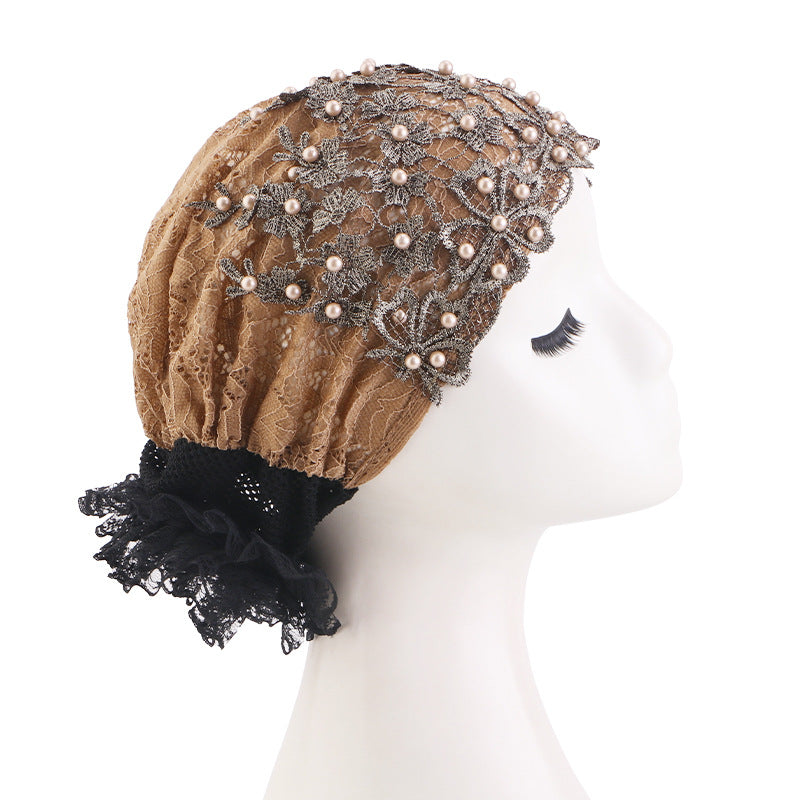 Cross-Border Pearl Diamond Breathable Lace Hat, Floral Ethnic Hat, Hair Care Turban Hat Jdt-501