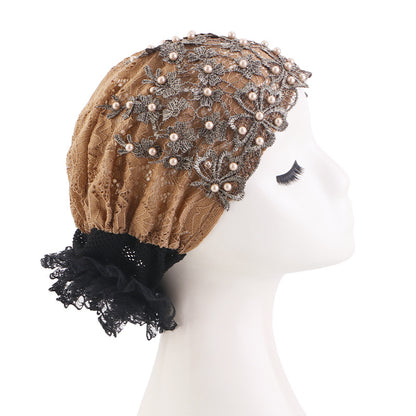 Cross-Border Pearl Diamond Breathable Lace Hat, Floral Ethnic Hat, Hair Care Turban Hat Jdt-501