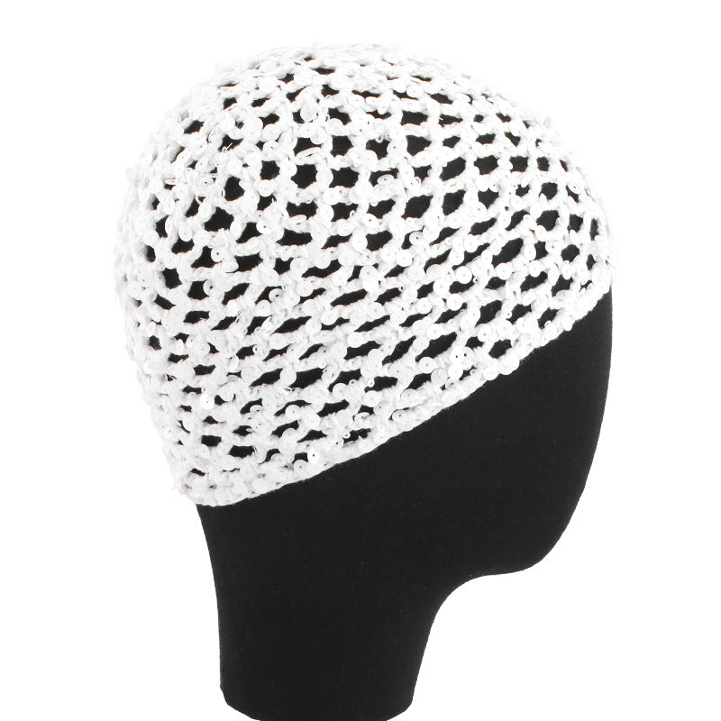 New all cotton hand crocheted sequin hair care net hair cover, hollowed out breathable headscarf cap JDW-67