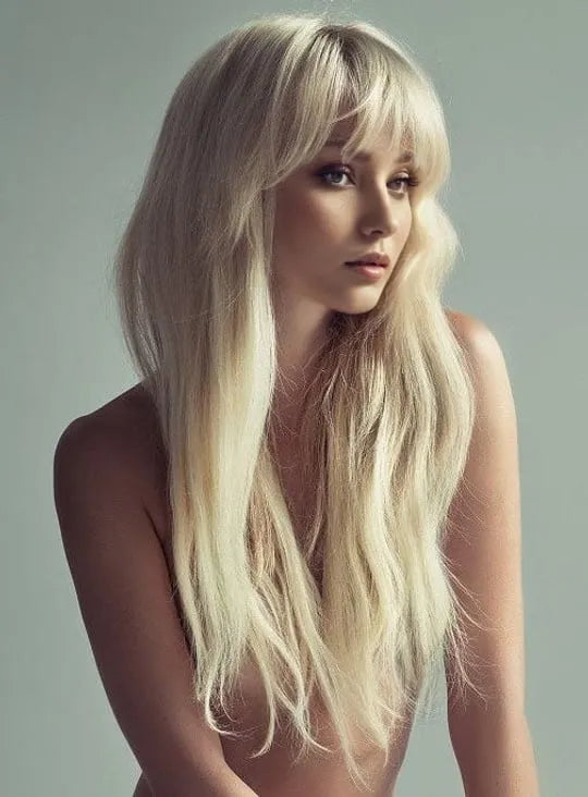 Lange, lockere, glatte Perücken mit Pony, 100 % Echthaar, kappenlos, 24 Zoll