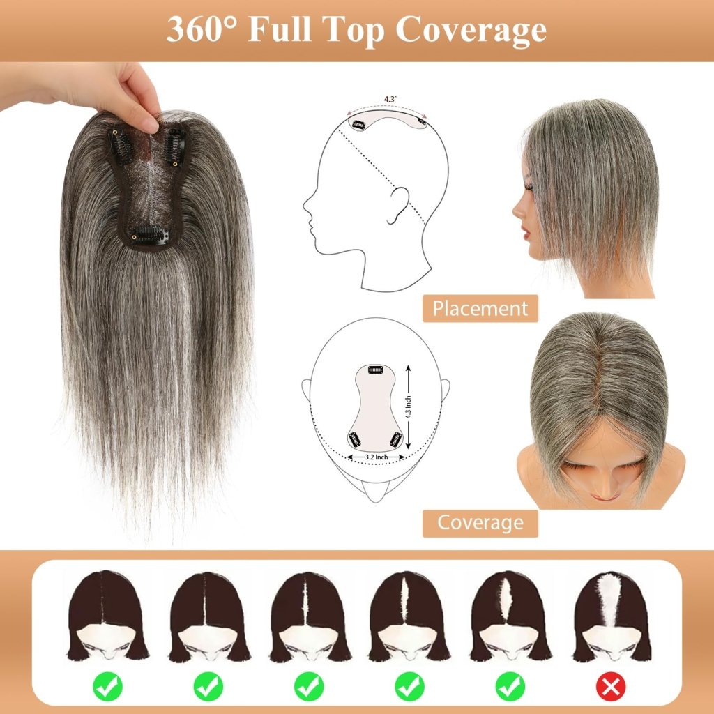 Hair Toppers for Women Real Human Hair Salt and Pepper Grey Human Hair Toppers 10 inch Dark Grey