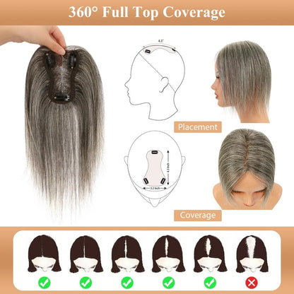 Hair Toppers for Women Real Human Hair Salt and Pepper Grey Human Hair Toppers 10 inch Dark Grey