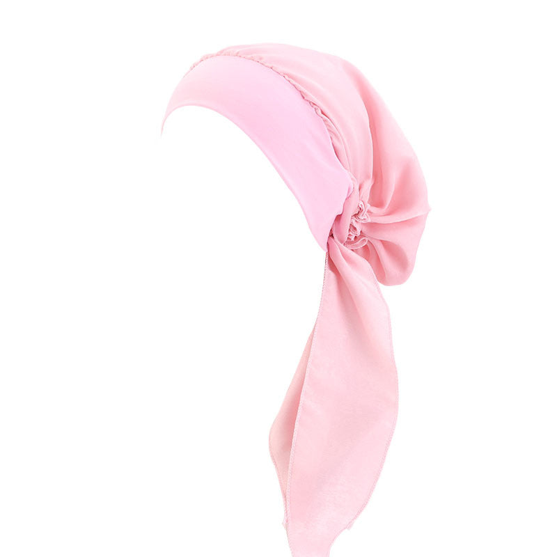 Pastoral Style Elastic Wide-Brimmed Imitation Silk Turban Hat, Long Tail Braid Hat, Chemotherapy Hat, Cross-Border Supply
