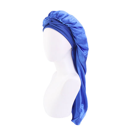 Wide-brimmed elastic ribbon women's headscarf hat perm hair care hat cross-border hot sale satin long nightcap