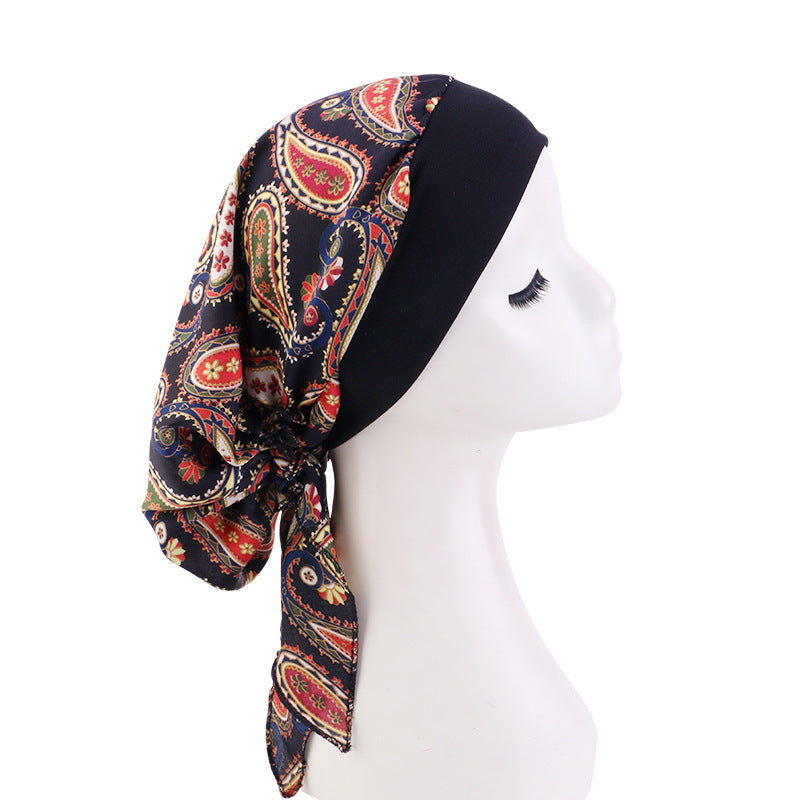 Pastoral Style Elastic Wide-Brimmed Imitation Silk Turban Hat, Long Tail Braid Hat, Chemotherapy Hat, Cross-Border Supply
