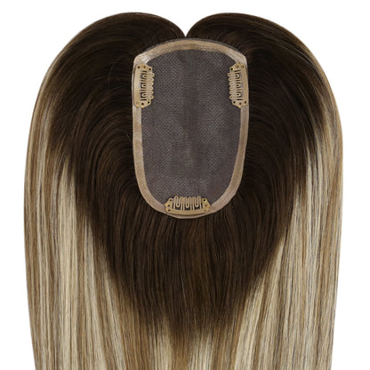 3*5inch Hair Topper Remy Human Hair Balayage Brown With Blonde Wigs Hair Piece