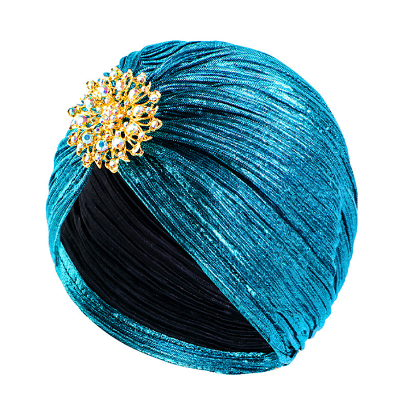Vintage Alloy Diamond Pleated Gold-Stamped Turban Hat Ethnic Headwrap Tjm-79G