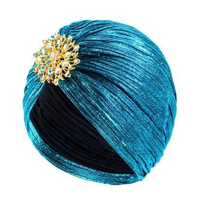 Vintage Alloy Diamond Pleated Gold-Stamped Turban Hat Ethnic Headwrap Tjm-79G