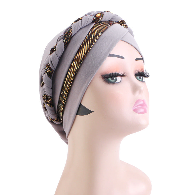 Cross-Border Braided Headscarf Hat Factory New Model Gold-Stamped Two-Color Handmade Headscarf Custom-Made Upon Request Jdt-429M