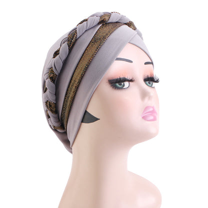 Cross-Border Braided Headscarf Hat Factory New Model Gold-Stamped Two-Color Handmade Headscarf Custom-Made Upon Request Jdt-429M