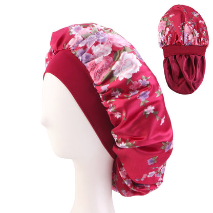 Cross-Border New Double-Layer Satin Printed Elastic Wide-Brimmed Nightcap Satin Round Hat Beauty Salon Hat