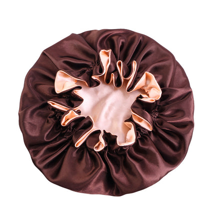 Wooden ear satin double-layer nightcap African style contrast color headscarf cap home round cap solid color beauty perm cap