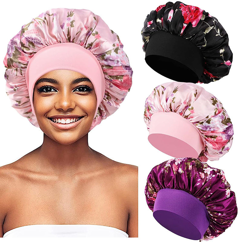 Printed wide-brimmed elastic hair band nightcap satin hair shower cap round cap Amazon hot sale toe cap TJM-301A
