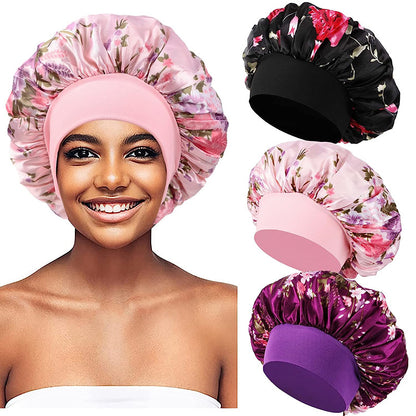 Printed wide-brimmed elastic hair band nightcap satin hair shower cap round cap Amazon hot sale toe cap TJM-301A