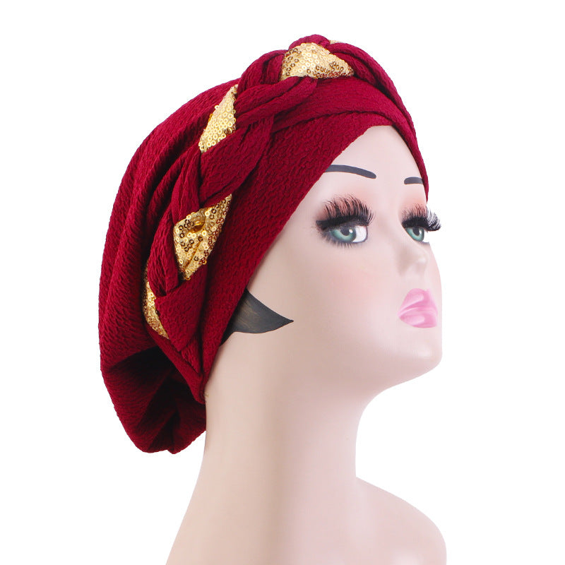 Cross-Border Solid Color Sequin Braided Cross-Turban Hat Small Hat Head Wrap Hair Protection Hat Jdt-429F