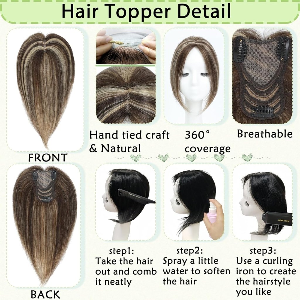 Hair Toppers for Women Real Human Hair 360° No Bangs Upgrade Lace Base Human Hair Toppers