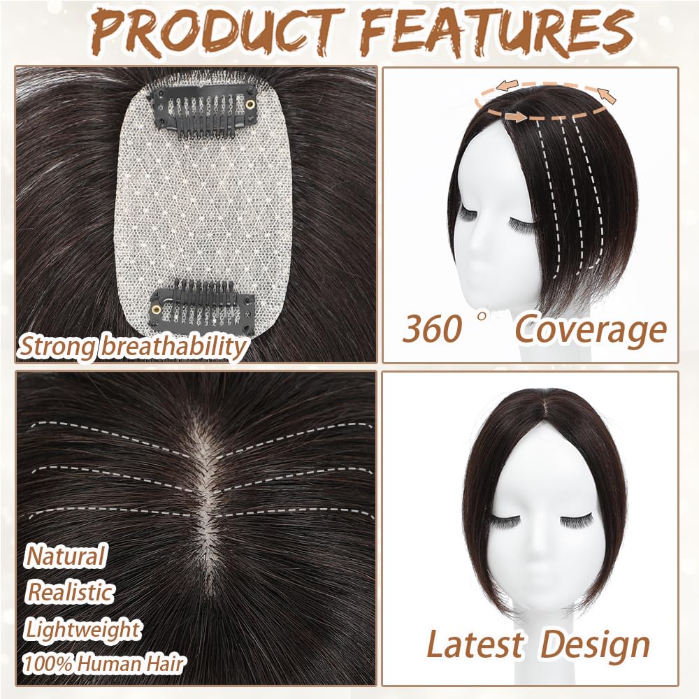 Hair Toppers for Women Real Human Hair, Bangs Hair Clip 360° 3D Cover Human Hair Topper with Bangs