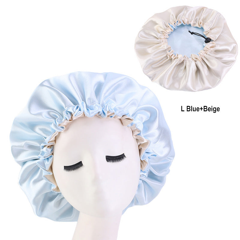 Adjustable Double-layer satin nightcap hair care cap custom LOGO solid color beauty and hairdressing advertising hat