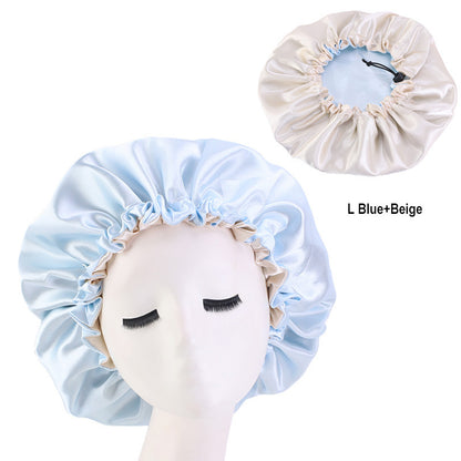 Adjustable Double-layer satin nightcap hair care cap custom LOGO solid color beauty and hairdressing advertising hat