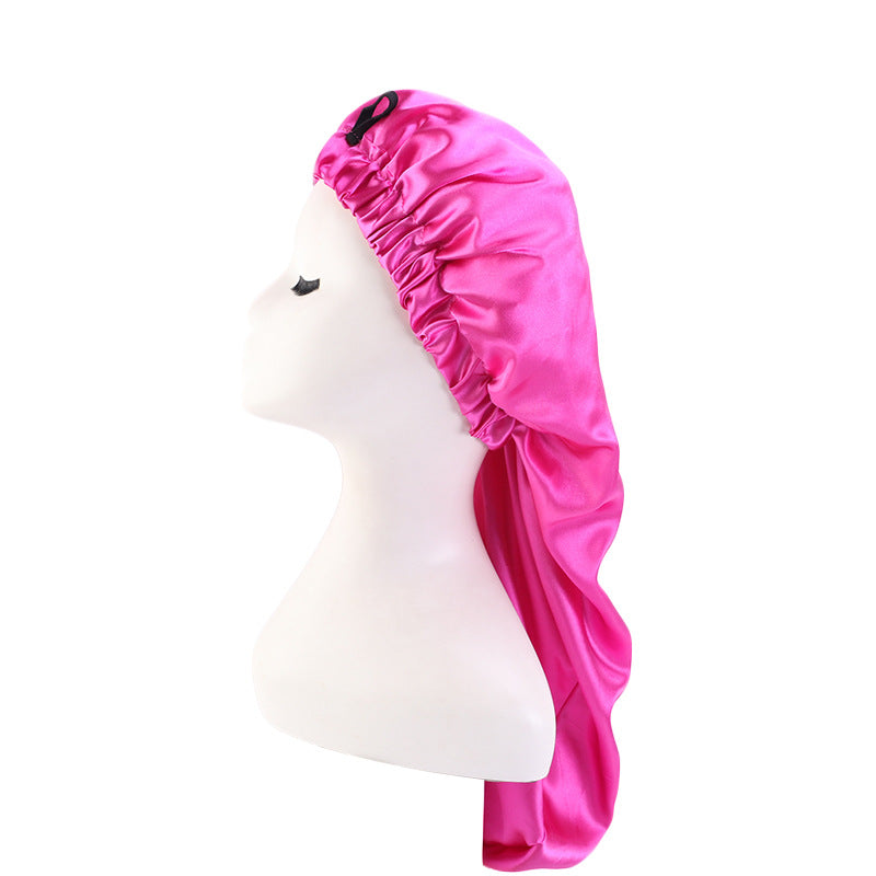 Cross-Border special satin nightcap elastic band buckle long tube hair care cap dual-purpose long hair cap shower cap turban hat