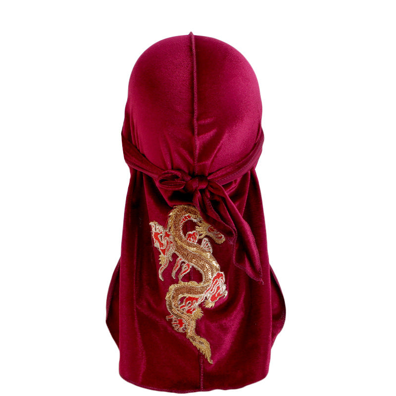 Autumn and Winter thickened gold velvet long tail pirate hat Chinese dragon hot stamping strap hip hop cloak DURAG