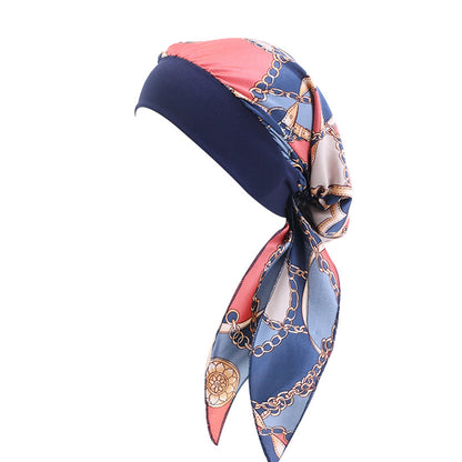 Pastoral Style Elastic Wide-Brimmed Imitation Silk Turban Hat, Long Tail Braid Hat, Chemotherapy Hat, Cross-Border Supply