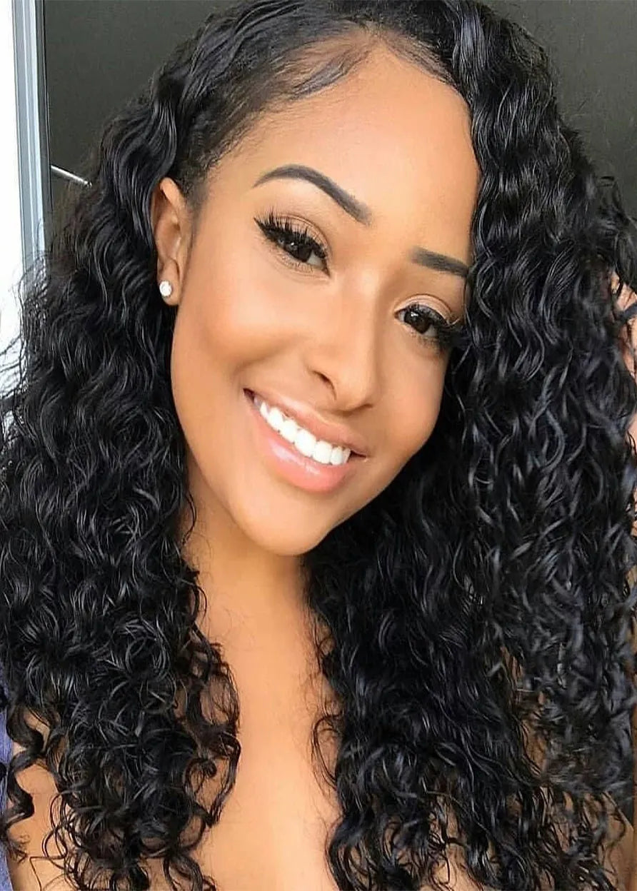 Natural Looking African American Women's Kinky Curly Human Hair Lace Front Cap Wigs 18Inch