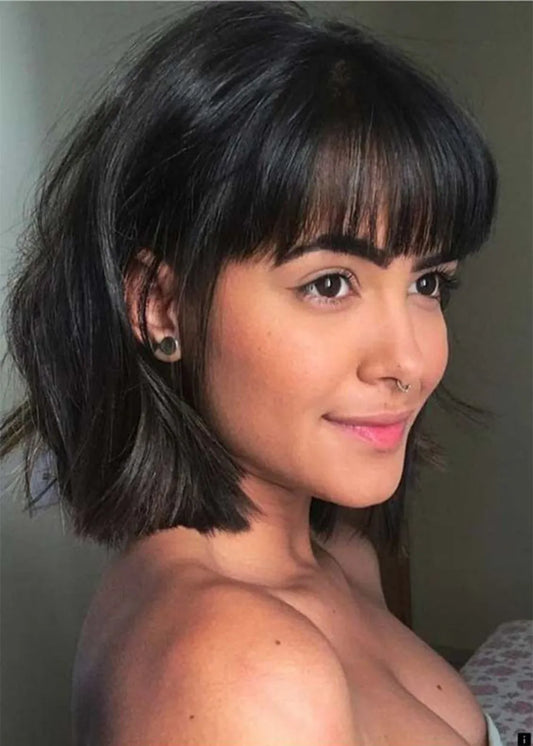 Women's Short Bob Hairstyles Straight Synthetic Hair With Bangs Capless Wigs 10 Inches