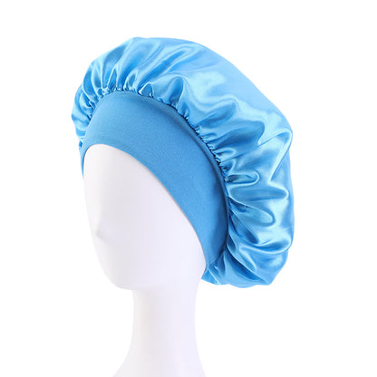 LOGO printing satin nightcap wide brimmed hair band round hat turban hat beauty salon home hat TJM-301