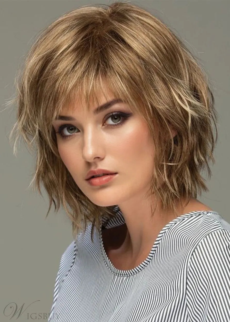 Messy Look Damen Schulterlänge Stil Merkmale abgehackte Schichten gewellte Echthaarperücken Kappenlose Perücken 10 Zoll