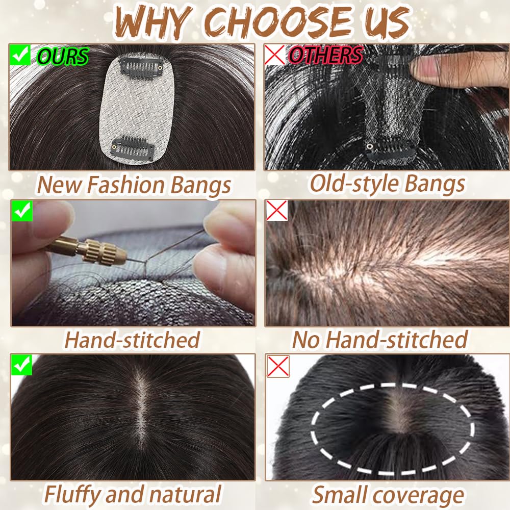 Hair Toppers for Women Real Human Hair, Bangs Hair Clip 360° 3D Cover Human Hair Topper with Bangs