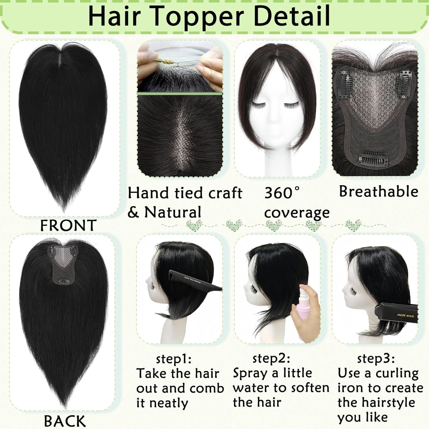 Hair Toppers for Women Real Human Hair 360° No Bangs Upgrade Lace Base Human Hair Toppers