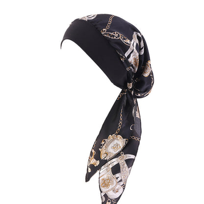 Pastoral Style Elastic Wide-Brimmed Imitation Silk Turban Hat, Long Tail Braid Hat, Chemotherapy Hat, Cross-Border Supply