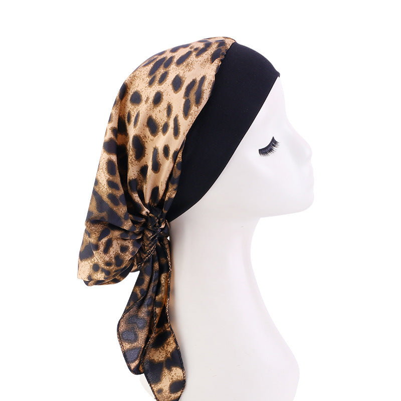 Pastoral Style Elastic Wide-Brimmed Imitation Silk Turban Hat, Long Tail Braid Hat, Chemotherapy Hat, Cross-Border Supply